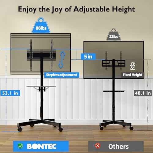 BONTEC Mobile TV Stand for 23-60 Inch TVs, Rolling TV Stand with Locking Wheels, Adjustable Height, Media Shelf, Max VESA 400x400mm, Holds Up to 88lbs