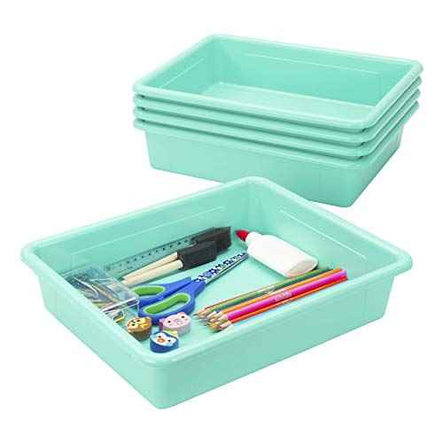Storex Letter Size Flat Storage Tray ? Organizer Bin with Non-Snap Lid for Classroom, Office and Home, Teal, 5-Pack (62541U05C)