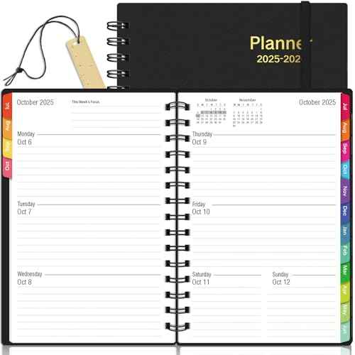 Daily Planner 2025-2026, 18 Month Planner with Tabs, July 2025 - December 2026 Weekly and Monthly Academic Year Calendar Spiral Time Management, 100GSM Thick Paper, Twin-Wire Binding, A5 Size, Black