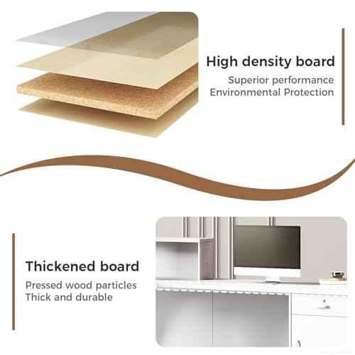 Modern L-Shaped Reception Desk with Hutch, Office Reception Counter Table with Lockable Drawer and Door Cabinet, Wooden Computer Front Desk (Oak+Warm White-Left Cabinet, 110.24"L*23.62"W*41.34"H)