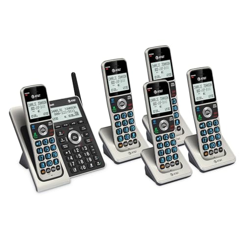 AT&T Cordless Phone 5 Handset with Bluetooth, Landline Phones for Home, Answering System, Smart Call Blocker, DECT 6.0 Extended Range, 2" Backlit Screen, Lighted Keypad with Big Buttons, BL3107-5