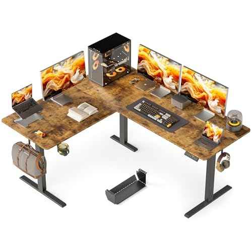 63X55 Inches Reversible L Shaped Standing Desk Height Adjustable with Cup Holder, Electric Corner Computer Desk, Sit Stand up Home Office Desk, Ergonomic Gaming Desk, Rustic Brown