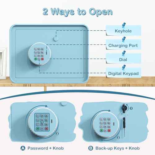 Kids Mini Safe Small Cash Box ? GoldenKey Blue Macaron 7¡±x9.4¡±x6.3¡± Money Security Safe with Coin & Bill Slot, Keypad & Key Lock, USB Backup, DIY Stickers, Piggy Bank for Home