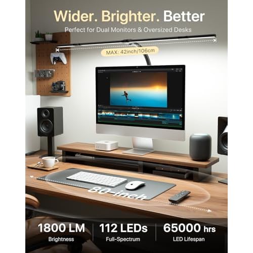 ONEMIX 42" LED Desk Lamp with Clamp, Architect Desk Light with Remote, Adjustable 4-Segment Bar, 1800LM Bright, Eye-Caring Desk Lamp for Home Office, Reading, Study, Dual Monitors, Workbench (Black)