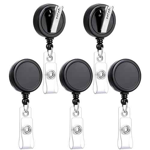 Teskyer 5 Pack Badge Reel, Easy to Attach Alligator Clip, 360 Degree Swivel Badge Holder Retractable Clip, Lightweight, Extend up to 23.6 Inch, Black