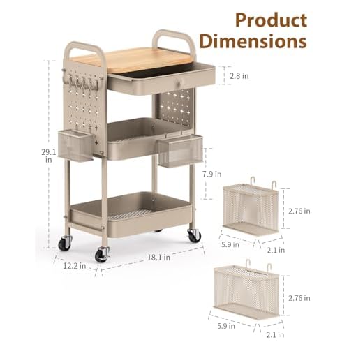 ALVOROG Rolling Cart with Drawer and Wood Table Top, 3 Tier Metal Rolling Utility Cart on Wheels with DIY Pegboards, Hanging Baskets, Hooks for Kitchen, Bedroom, Office, Craft Supplies