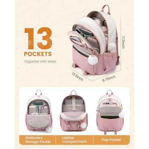 LOVEVOOK Pink Cute School Backpacks for Girls, Back to School Bookbag for Girls 10-12, Lightweight Backpack for Middle School Teens Students with Large Cup Holder, Fits 15.6" Laptop