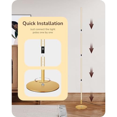 EDISHINE LED Corner Floor Lamp, Modern Slim Dimmable Light, Adjustable Height, 57.5" Minimalist Tall Lamp for Living Room, Bedroom, Office, 3000K Warm White Light (Gold)