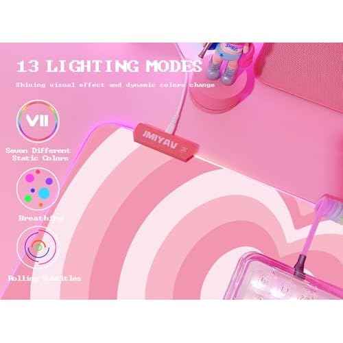 JMIYAV Pink Love Heart RGB Gaming Mouse Pad 31.5x12 Inch PC XL Large Extended Glowing Led Light Up Cool Mouse pad Desk Pad Non-Slip Rubber Computer Mouse Pad Cute Mousepad Mat 31.5x12 Inch