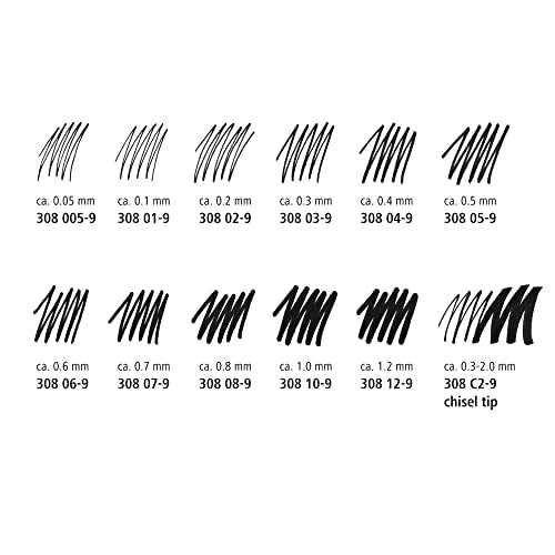 STAEDTLER Pigment Liner Pack, Black, 6 Pens, Assorted Line Widths, 0.05mm, 0.1mm, 0.2mm, 0.3mm, 0.5mm, 0.8mm