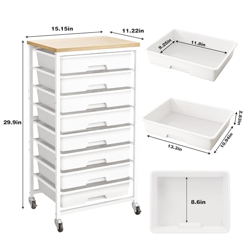 Labuk 8-Drawer Rolling Storage Cart with Wood Top and Wheels