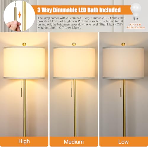 ¡¼Upgraded¡½ Dimmable Gold Floor Lamps for Living Room, 63in Modern Standing Lamp with Marble Base, Tall Pole Light with White Linen Shade for Bedroom Reading Office Corner Nursery