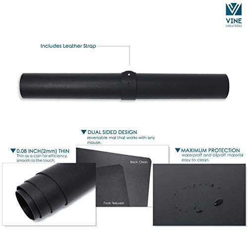 Vine Creations 36x20 Inch Black Leather Desk Pad - Waterproof Reversible Office Mat