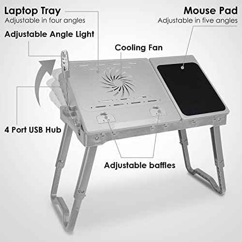 Grey Foldable Laptop Table with Cooling Fan, Adjustable Lap Desk and Mouse Pad, 4 USB Ports for Bed, Couch, Sofa, Floor