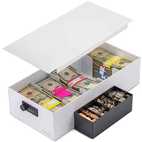Volcora Cash Box Money Organizer - 15¡± x 7.5¡± x 4¡± Cashbox 5 Compartments Drawer Tray - Bills and Coin Slot with Combination Lock for POS Register, Kiosk, Retail, Personal and Business Use, White