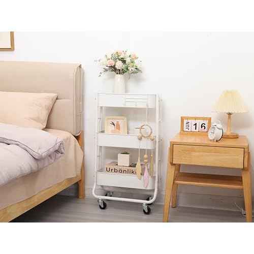 MAX Houser Slim 3-Tier Rolling Utility Cart, Narrow Metal Bathroom Storage Multifunctional Organizer Carts with Wheels with Extra Hook, Laundry Room,Kitchen,Small Space(White)