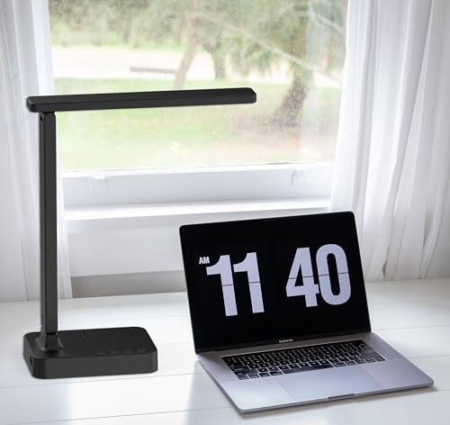 Drevet Black Classic LED Desk Lamp with USB & 2 AC Outlets, 3 Brightness Levels & Touch Control