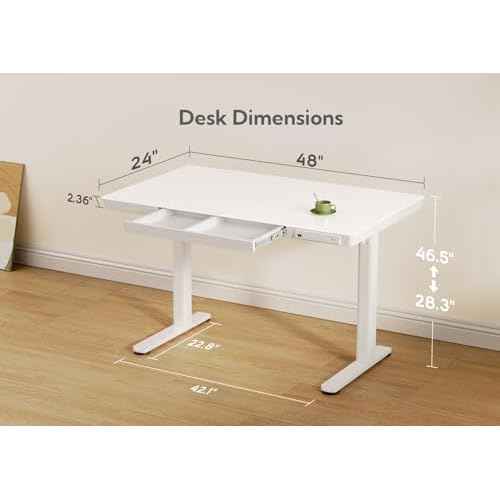 Claiks Glass Standing Desk with Drawers, 48¡¿24 Inch Adjustable Stand Up Desk, Quick Install Home Office Computer Desk with USB Ports, White