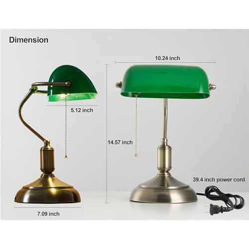 Bankers Lamp, Green Desk Lamp with Pull Chain Switch, 3 Lighting Color Mid Century Banker's Desk Light for Home Office Library Christmas (Green Plastic Lampshade)