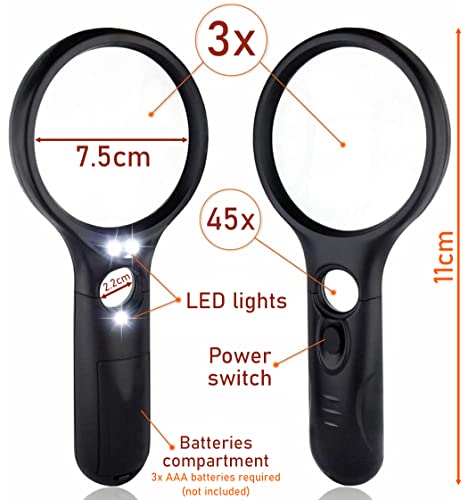 Heavy-Duty Handheld Magnifying Glass with LED Light | 3X & 45X Magnification