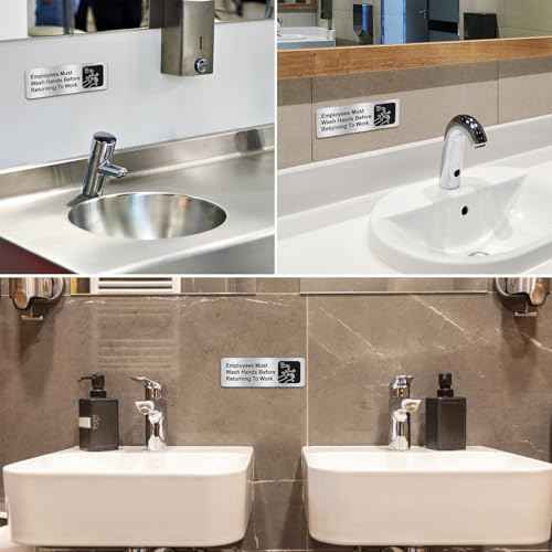 Faittoo Employees Must Wash Hands Before Returning to Work Sign, (4 Pack) Rust Free Brushed Aluminum Sign with Symbols, Self-adhesive, for Restaurant, Salons, Hotel, Rest Stops, Public Restrooms
