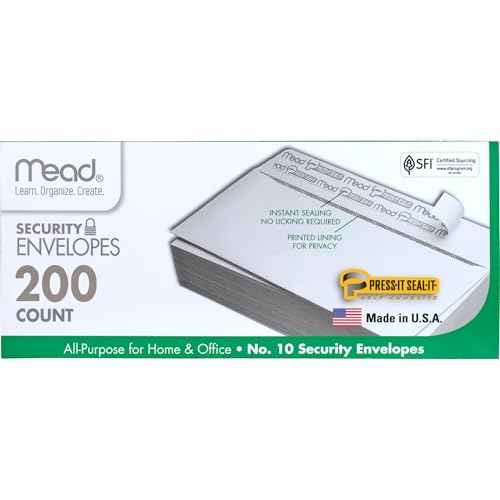Mead #10 Security Business Envelopes Letter Size 4-1/8" x 9-1/2" ? Peel and Seal, Privacy Lined, No-Window, Press-It Seal-It Self-Adhesive for Home & Office Mailing, 200 Count (742020)