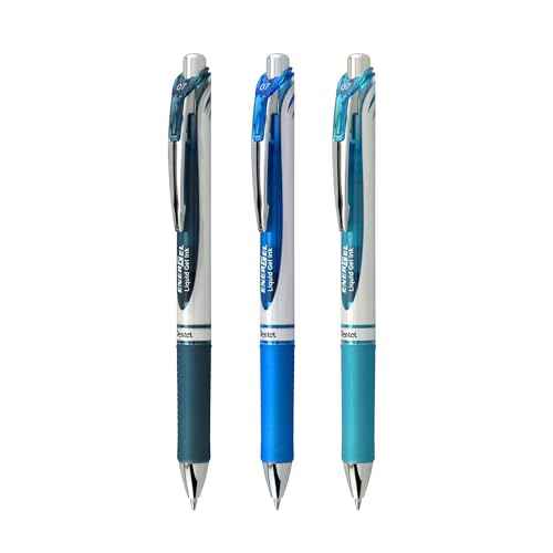 Pentel EnerGel RTX Retractable Liquid Gel Pen, 0.7mm, Note-Taking Hue, Navy, Blue, and Sky Blue Ink, Pack of 3 Pens (BL77LBNBP3M)