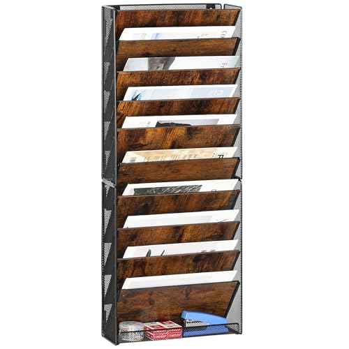 TQVAI 10-Tier Hanging Wall File Organizer - Folding Wall Mounted Mail Document Holder, Metal Clipboard Storage Rack for Office, Homeschool, Classroom Organization, Black/Vintage