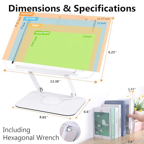 ASIEIT Book Stand for Reading, Acrylic Adjustable Book Holder with 360¡Æ Rotating Bases & Elastic Page Clips, Foldable Desktop Riser, Multifunctional Display Stand for Bible, Laptop, Recipe, Textbook