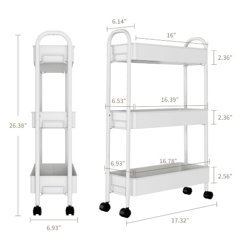 ZXICEU Matte White Slim 3-Tier Metal Rolling Cart - Narrow Utility Storage