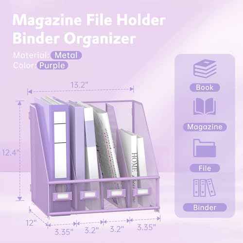 SUPEASY Magazine File Holder Desk Organizer, Metal Binder Holder with 4 Vertical Compartments for Office Home School, Purple Plus