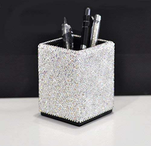 Bestbling crystal Pencil Pen Pot Holder Box Bling Rhinestone Pen organizer Holder Cosmetic Pen Container (Silver, Spquare)