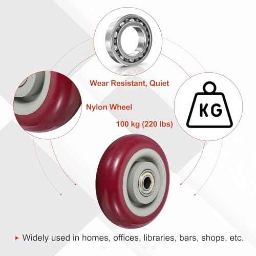 MECCANIXITY 4 Inch Push Cart Wheels Replacement Nylon Rolling Casters Wheel with 3/8" Bore Each Loading Capacity 220 lbs for Furniture Platform Trucks Shopping Cart Shelf, Red Pack of 4