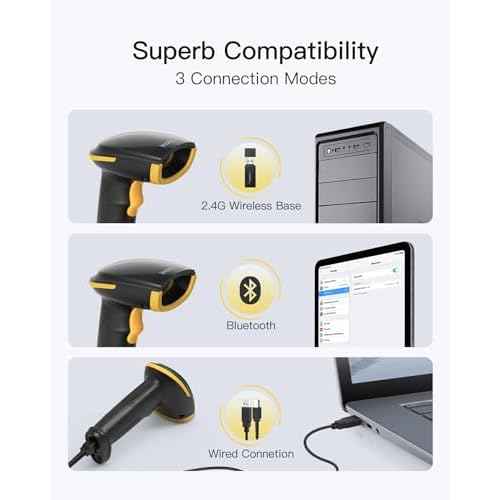 Inateck Bluetooth Barcode Scanner, 1D 2D QR Code Scanner Wireless with 2.4G, Bluetooth, and USB 3-in-1, 2600mAh Battery, Includes APP and SDK, Support Screen Scanning, BCST-23 Black
