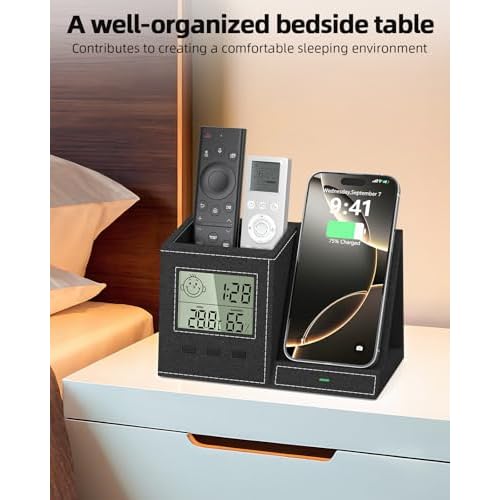 Multifunctional Pen Holder and Organizer for Desk with Wireless Charger, Digital Indoor Thermometer and Humidity Gauge, Home Office Organizers and Storage (Battery Included)