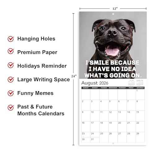 2026 Wall Calendar - JAN 2026 - DEC 2026, Funny Dog Calendar 2026, 12" x 24" Opened, 2026 Calendar, 12-Month Calendar, Funny Dog Memes Pics