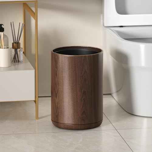 8L/2.1GAL Modern Metal Waste Bin with Realistic Wood Texture,Built-in Bag Holder,Open-Top Trash Bin for Bathroom,Home,Office,Living Room (2.1gal Round)