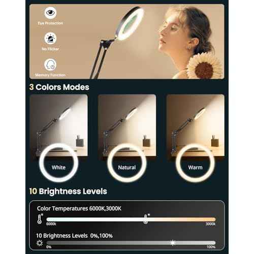 UBeesize 10X Magnifying Glass with Light and Stand, Lighted Magnifying Glasses for Close Work, Reading, Crafts, Jewelry, Sewing, Soldering, Desk Lamp with Clamp with Adjustable Brightness
