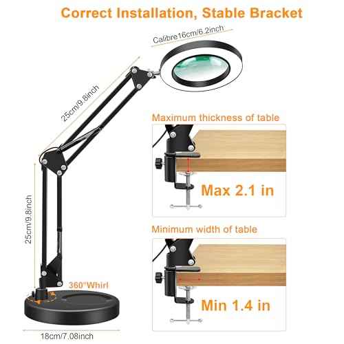 10X Magnifying Glass with Light and Stand, 2-in-1 LED Magnifier Desk Lamp, 3 Color Modes 10 Level Dimmable, Hands-Free Lighted Magnifier for Craft Repair Nail Reading Close Works (Black, Base)
