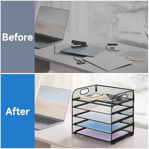Paper Organizer Letter Tray with Handle Mesh 5 Trays Desk File Organizer Paper Sorter Desk Organizer for Office, Home or School-Black 2 Pack