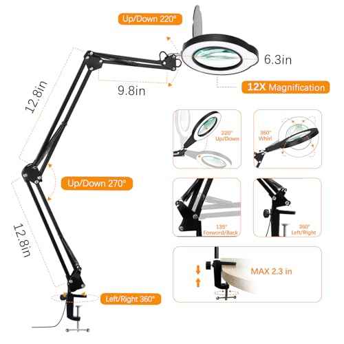 12XMagnifying Glass with Light and Stand|Magnifying Lamp with 3-Section Swing Arm,5 Color Modes LED Lighted Magnifier Lamp for Workbench (Black(Ultra Long))