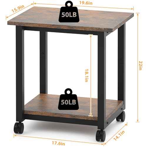 Under Desk Printer Stand, 2-Tier 19.5''x 16''x 22'' Rolling Printer Stand Storage Shelves for Printer, Scanner, Fax Machine, Files, Books with Anti-Skid Feet for Home, Office, Brown