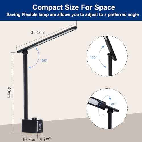 Lightess LED Desk Lamp with 2 USB Charging Ports, 50 Lighting Modes Dimmable Desk Light with Pen Holder and Clock, Foldable Desk Lamp for Home Office Home Office Reading(Black)