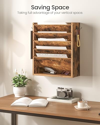 Rustic Brown 6-Tier Wall File Organizer with Side Hooks - Vintage Desk Storage