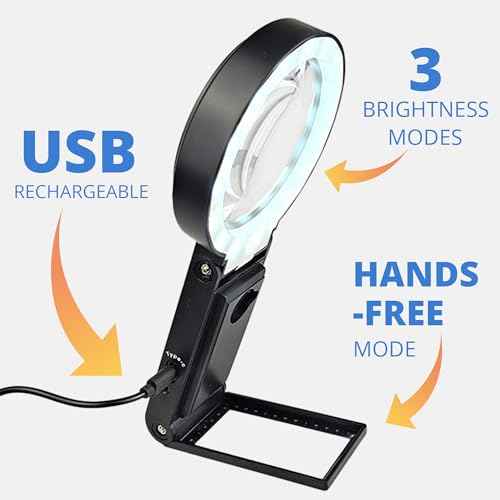 30x Hands-Free Magnifying Glass with USB Rechargeable 36 LED Lights, Storage Case | 40x Loupe Magnifier with Stand for Reading Coins Low Vision