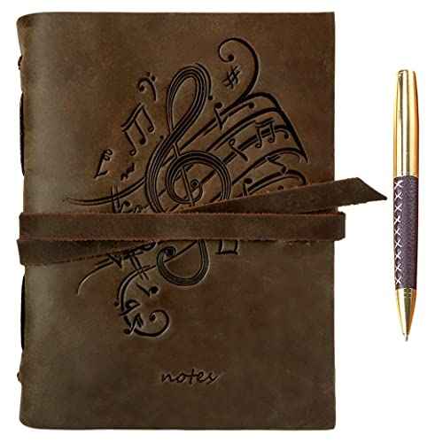 Leather Bound Journal for Men and Women, Handmade Gift Set with Music Notes Embossed Journal and Stylish Pen, Vintage and Classic, Notebook, Sketchbook, Planner and Diary (300 Pages) (8x6")