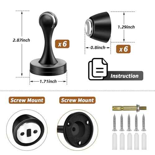 6 Pack Door Stoppers, Black Magnetic Door Stops, Heavy Duty Wall Floor Magnetic Door Catch, Brushed Oil Rubbed Magnet Doorstop to Keep Doors Open