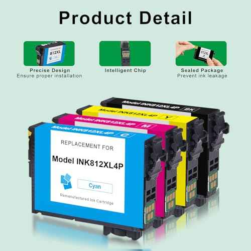 Remanufactured 812 812XL Ink Cartridges Combo Pack WF-7840 Replacement for Epson 812XL 812 XL Ink Cartridges Work for Epson Workforce Pro WF-7820 WF 7840 WF-7310 EC-C7000 Printer, 4 Pack (BK/C/M/Y)