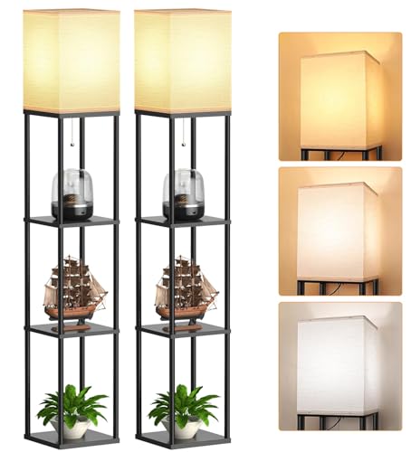 PARTPHONER Black Floor Lamp with Shelves - Modern Corner Standing Organizer, 3 CCT LED Bulb, Linen Shade, 63-inch Tall