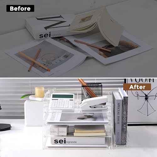 Acrylic Desk Organizer 4-Tier with Vertical File Holder ? Durable Letter Tray & Book Organizer for Home Office, Magazines, Documents & Stationery ? Sleek Modern Space Saver